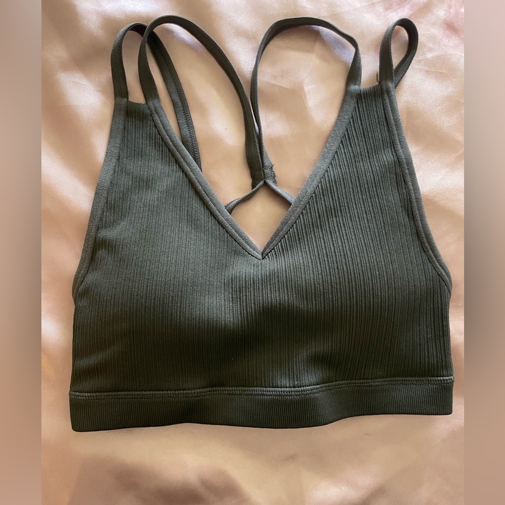FABLETICS Low Impact Seamless Strappy Bra Khloe Kardashian, Taupe Slate&Black